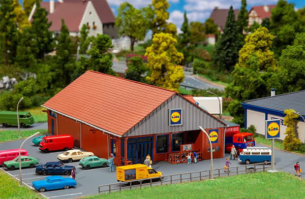 Faller 232337 N Scale Lidl Supermarket -- Kit - 4-15/16 x 7-1/4 x 2-3/16" 12.5 x 18.5 x 5.5cm