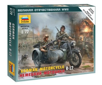 Zvezda 6142 1/72 German R12 Motorcycle w/Sidecar & 2 Crew (Snap)