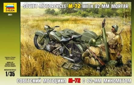 Zvezda 3651 1/35 Soviet M72 Motorcycle w/82mm Mortar & 2 Crew