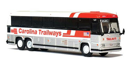 Iconic Replicas 870326 HO Scale 1984 MCI MC-9 Motorcoach Bus - Assembled -- Carolina Trailways (silver, white, red)