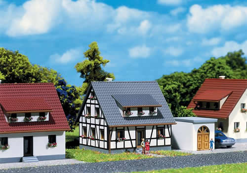 Faller 282760 Z Scale Half-Timbered House w/blue Roof -- 5.5 x 3.7 x 3.6cm