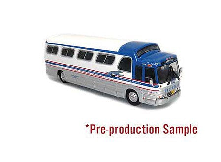 Iconic Replicas 870278 HO Scale 1966 GM 4107 Motorcoach Bus - Assembled -- Greyhound (Destination: Seattle; white, silver, blue)