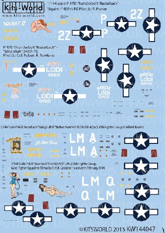Warbird Decals Kits World 144047 1/144 P47D Squirt II, Miss Mutt Pride of Lodi Ohio, Button Nose, Triss