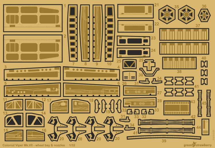 Green Strawberry 1215 1/32 Battlestar Galactica Colonial Viper Mk VII Wheel Bay & Nozzles for MOE (Photo-Etch)