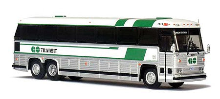 Iconic Replicas 870329 HO Scale 1985 MCI MC-9 Motorcoach Bus - Assembled -- Go Transit (silver, white, green)