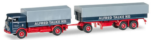 Herpa 307192 HO Scale Bussing Lu 16/11 Low-Side Truck w/Trailer & Canvas Covers - Assembled -- Alfred Talke (blue, red, gray, German Lettering)