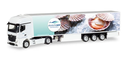 Herpa 308205 HO Scale Mercedes-Benz Actros Gigaspace Tractor, Reefer Trailer - Assembled -- Deutsche See (white, blue, Shell Graphics, German Lettering)