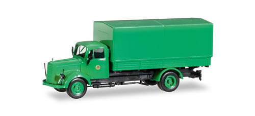 Herpa 308397 HO Scale Mercedes-Benz L 311 Low-Side Truck, Porta Potty Load - Assembled -- Police (green, German Lettering)