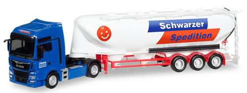 Herpa 308885 HO Scale MAN TGX Tractor with Bulk Tank Trailer - Assembled -- Schwarzer Spedition (blue, white, red, German Lettering)