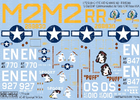 Warbird Decals Kits World 172096 1/72 C47/C53D D-Day Doll Commemorative AF Texas, AC47D Spooky