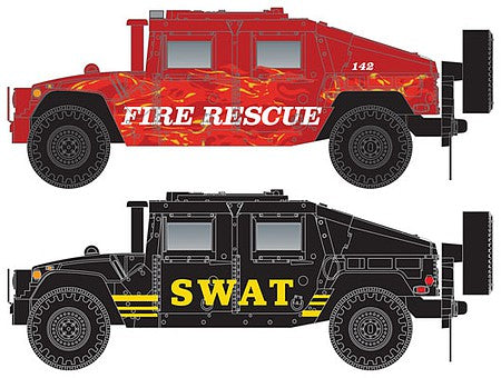 Micro Trains Line 49945957 N Scale Humvee(R) Vehicle 2-Pack - Assembled -- 1 Each: Fire (red), SWAT (black, yellow)