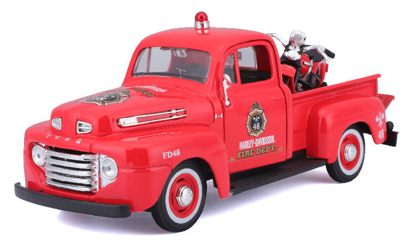 Maisto 32191R 1/24 Scale Harley-Davidson - 1948 Ford F-1 Fire Truck Hauling