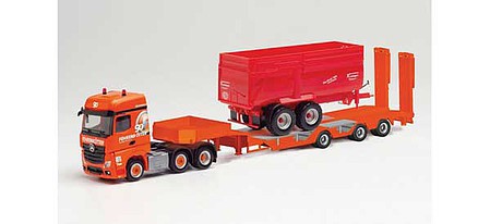Herpa 312196 HO Scale Mercedes-Benz Actros, Low-Loader Trailer, Farm Trailer Load - Assembled -- Fehrenkotter (orange, German Lettering)
