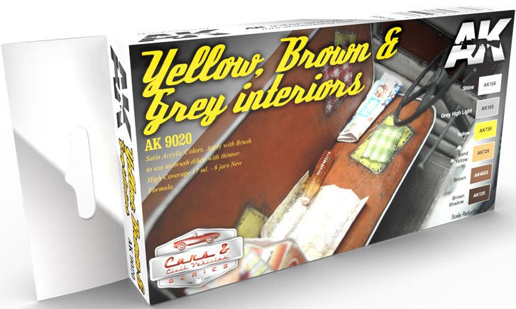 AK Interactive 9020 Cars & Civil Vehicles Series: Yellow, Brown & Grey Interiors Acrylic Paint Set (6 Colors) 17ml Bottles (D)