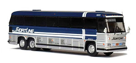 Iconic Replicas 870328 HO Scale 1985 MCI MC-9 Motorcoach Bus - Assembled -- Shortline (silver, blue, white)