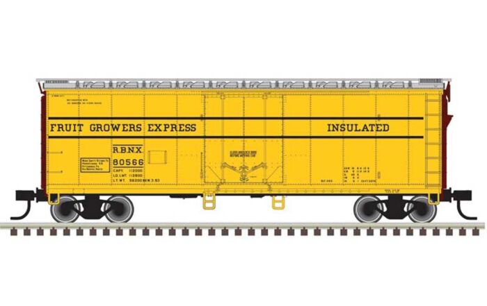 Atlas Trainman 20006146 HO Scale 40' Plug-Door Boxcar - Ready to Run -- Fruit Growers Express RBNX 80612 (yellow, black, Boxcar Red)