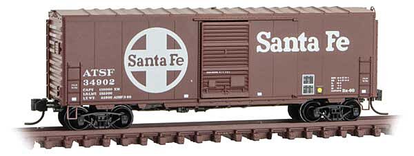 Micro Trains Line 7300560 N Scale 40' Single-Door Boxcar No Roofwalk - Ready to Run -- Santa Fe 34902 (1980, Boxcar Red, white, Large Logo)