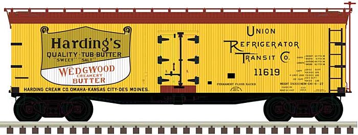 Atlas Model Railroad 50005499 N Scale 40' Wood Reefer - Ready to Run - Master(R) -- Harding's Butter 11619 (yellow, Boxcar Red, white, gold)