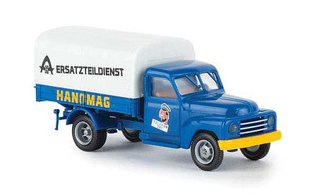 Brekina 37140 HO Scale 1950-1960 Hanomag L 28 Low-Side Delivery Truck - Assembled -- Hanomag Ersatzteildienst (blue, yellow, white, German Lettering)