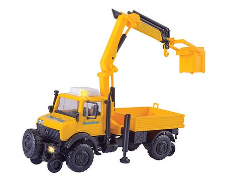 Kibri 14991 HO Scale Unimog Hi-Rail Low-Side Truck with Crane and LED Lighting - Kit -- GleisBau (yellow, blue, black, German Lettering)