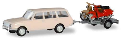Herpa 420419 HO Scale Wartburg 353 with Trailer and 2 Simco Scooters - Assembled -- Beige