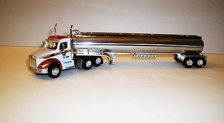 Trucks 'N Stuff TNS135 HO Scale Peterbilt 579 Day-Cab Tractor with Gas Tank Trailer - Assembled -- Cox Petroleum (white, red, chrome)