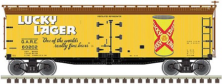 Atlas 20006324 HO Scale 40' Wood Reefer - Ready to Run -- Lucky Lager 60197 (yellow, brown, red, white)