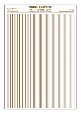 Woodland Scenics 761 All Scale Dry Transfer Stripes - .010, 1/64, .022, 1/32 & 3/64" Wide -- Gold