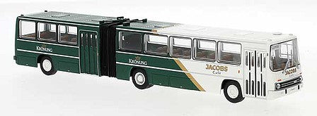 Brekina 59755 HO Scale 1990 Ikarus 280.03 Articulated Bus - Assembled -- Leipzig, Germany (white, green, gold, Jacobs Kronung Ad)