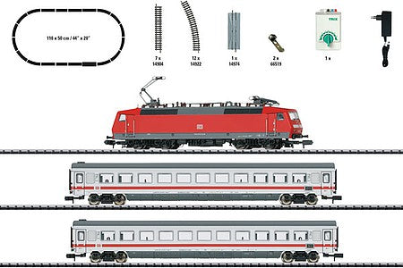 Trix 11150 N Scale Intercity Passenger Train Starter Set - Standard DC - Minitrix -- German Federal Railway - Class 120, 2 Cars, Track Oval, Power Pack