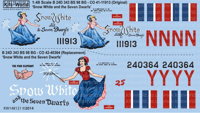 Warbird Decals Kits World 148121 1/48 B24D Snow White & The Seven Dwarfs, Pink Elephant
