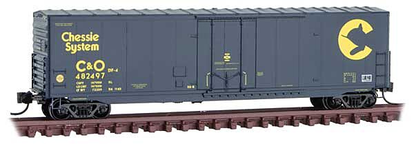 Micro Trains Line 18100190 N Scale 50' Boxcar with 8' Plug Door, No Roofwalk, Short Ladders - Ready to Run -- Chessie System C&O 482497 (blue, yellow)