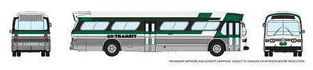 Rapido Trains 573002 N Scale 1959-1986 GM New Look-Fishbowl Bus with Working Headlights - Assembled -- GO Transit (silver, white, green)