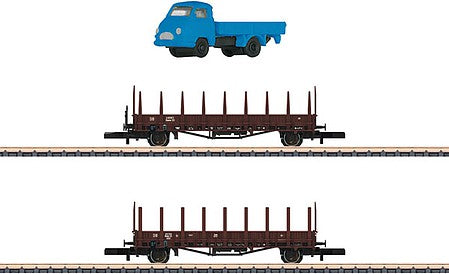 Marklin 82132 Z Scale Type Rmms 33 Stake Car 2-Pack with Hanomag Truck - Ready to Run -- German Federal Railroad DB (Era III, Boxcar Red)