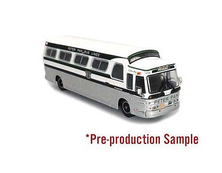 Iconic Replicas 870286 HO Scale 1966 GM 4107 Motorcoach Bus - Assembled -- Peter Pan (Destination: Providence, white, silver, blue)