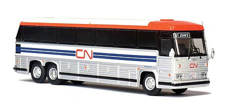 Iconic Replicas 870323 HO Scale 1984 MCI MC-9 Motorcoach Bus - Assembled -- Canadian National (silver, white, blue, red)