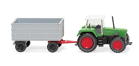 Wiking 96003 N Scale Fendt Farm Tractor with Trailer - Assembled -- Green, Red with Gray Trailer