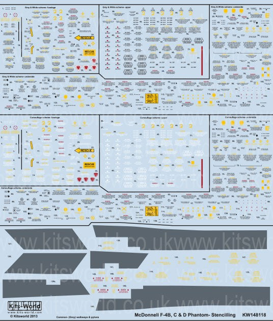 Warbird Decals Kits World 148118 1/48 F4B/C/D Phantom Stenciling Grey/White & Camouflage Scheme