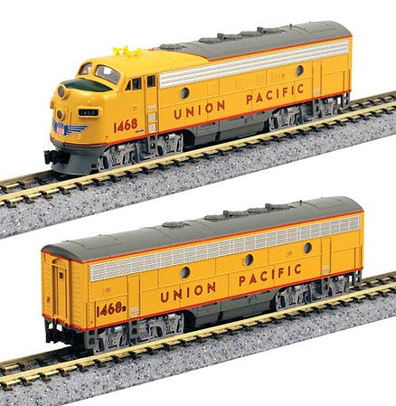 Kato 1060426 N Scale EMD F7 A-B Set - Standard DC -- Union Pacific #1468, 1468B (Armour Yellow, gray, red)