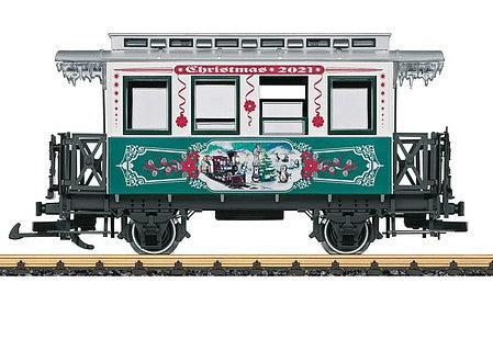 LGB 36021 G Scale Wooden 2-Axle Passenger Car - Ready to Run -- 2021 Christmas Car (white, green, silver; Penguin Scene)