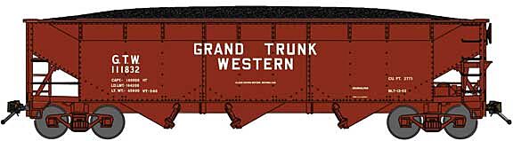 Bluford Shops 73942 N Scale 70-Ton Offset-Side 3-Bay Hopper with Load 2-Pack - Ready to Run -- Grand Trunk Western (Boxcar Red, Block Lettering)