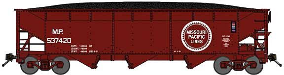 Bluford Shops 73923 N Scale 70-Ton Offset-Side 3-Bay Hopper with Load 3-Pack - Ready to Run -- Missouri Pacific (Boxcar Red, Large Buzzsaw Logo)
