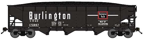 Bluford Shops 73901 N Scale 70-Ton Offset-Side 3-Bay Hopper with Load - Ready to Run -- Chicago, Burlington & Quincy (black, red, white, Zephyrs Slogan)