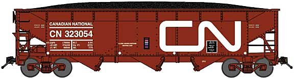 Bluford Shops 73931 N Scale 70-Ton Offset-Side 3-Bay Hopper with Load - Ready to Run -- Canadian National (Post-1973, Boxcar Red, Large Noodle Logo)