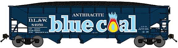 Bluford Shops 73971 N Scale 70-Ton Offset-Side 3-Bay Hopper with Load - Ready to Run -- Blue Coal DL&W (blue,orange, yellow, Large Logo)