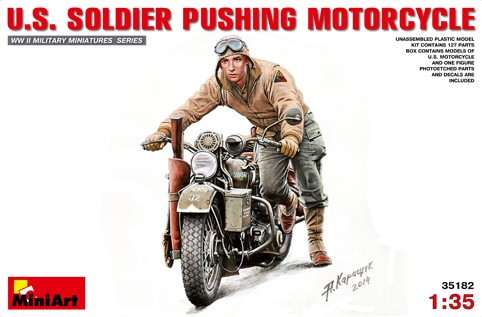 Miniart Models 35182 1/35 US Soldier Pushing Motorcycle
