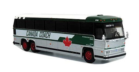 Iconic Replicas 870331 HO Scale 1985 MCI MC-9 Motorcoach Bus - Assembled -- Canada Coach (silver, white, green, red)