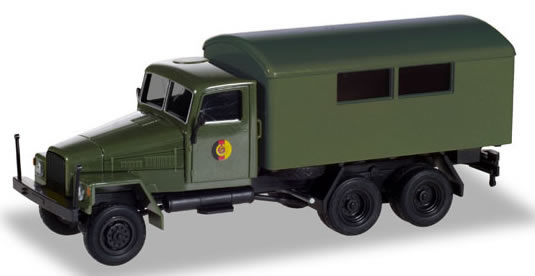 Herpa 746274 HO Scale IFA G5 Box Truck - Assembled -- NVA (green, yellow, red, German Lettering)