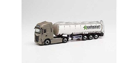 Herpa 313865 HO Scale Iveco S-Way Tractor with Tank Trailer - Assembled -- Ruhrkraft (gray, white, German Lettering)