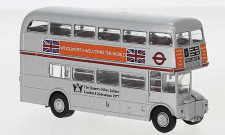 Brekina 61105 HO Scale AEC Routemaster Double-Deck Bus - Assembled -- London, England (Queen Elizabeth Silver Jubilee, silver, orange Woolworth's
